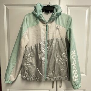 Reebok M Wmn’s hooded windbreaker fleece lined jacket mint metallic silver Flaws